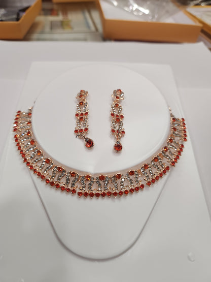 Elegant red and white rhinestone necklace set with floral drop earrings, perfect for weddings and Christmas parties.