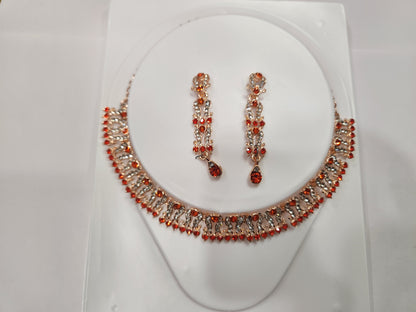 Elegant red and white rhinestone necklace set with floral drop earrings, perfect for weddings and Christmas parties.