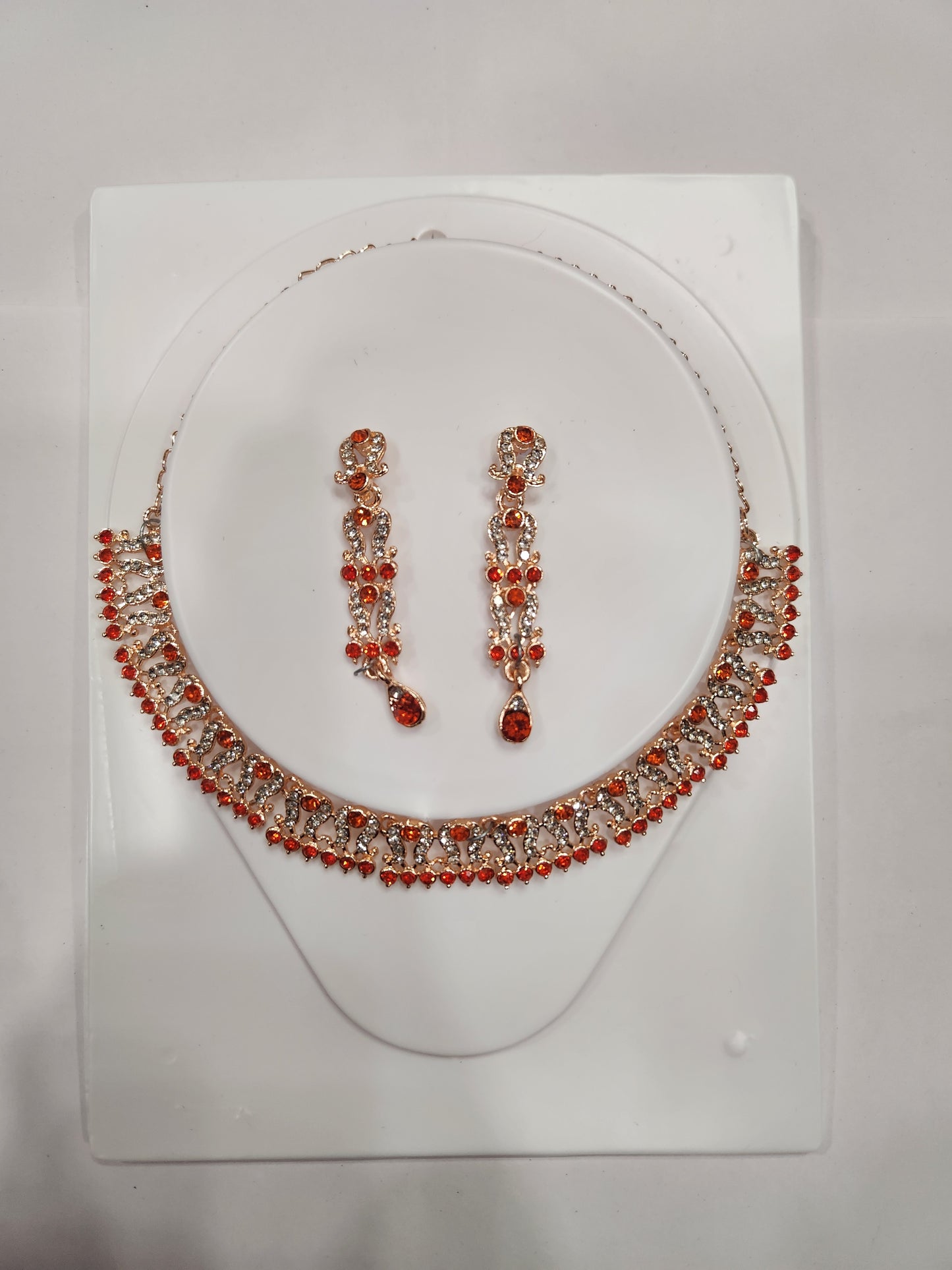 Elegant red and white rhinestone necklace set with floral drop earrings, perfect for weddings and Christmas parties.