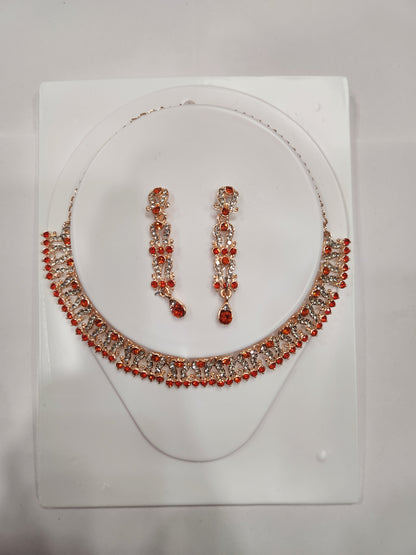 Elegant red and white rhinestone necklace set with floral drop earrings, perfect for weddings and Christmas parties.