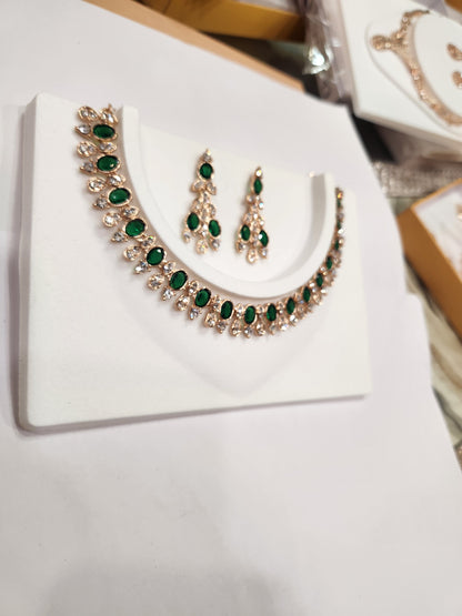 Classy American diamond choker set with green and white gemstone earrings, perfect for any attire.