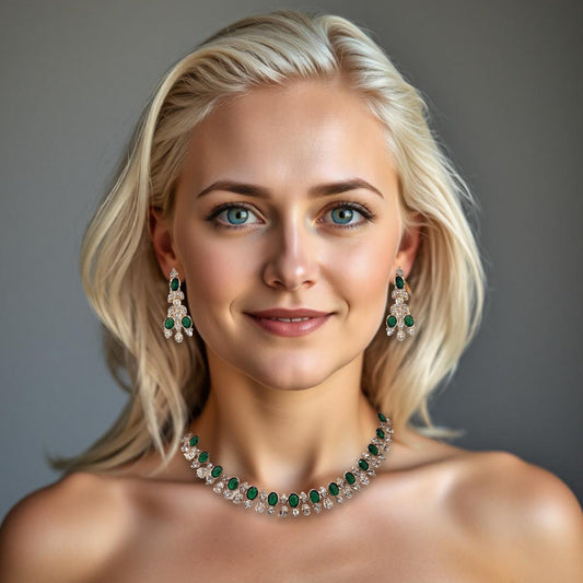 Classy American diamond choker set with green and white gemstone earrings, perfect for any attire.